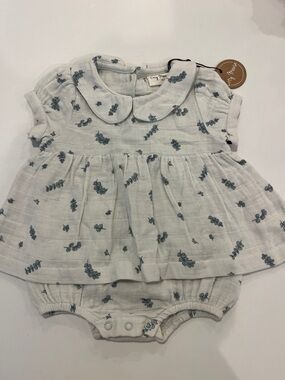 Infant White Muslin Floral Dress Romper with Peter Pan Collar